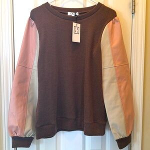 THML Sweater Faux Leather Sleeves New L
